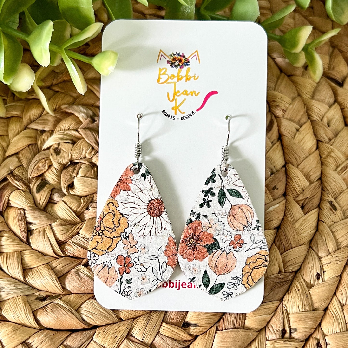 Vintage Floral Cork on Leather Earrings: Choose From 3 Sizes - LAST CHANCE