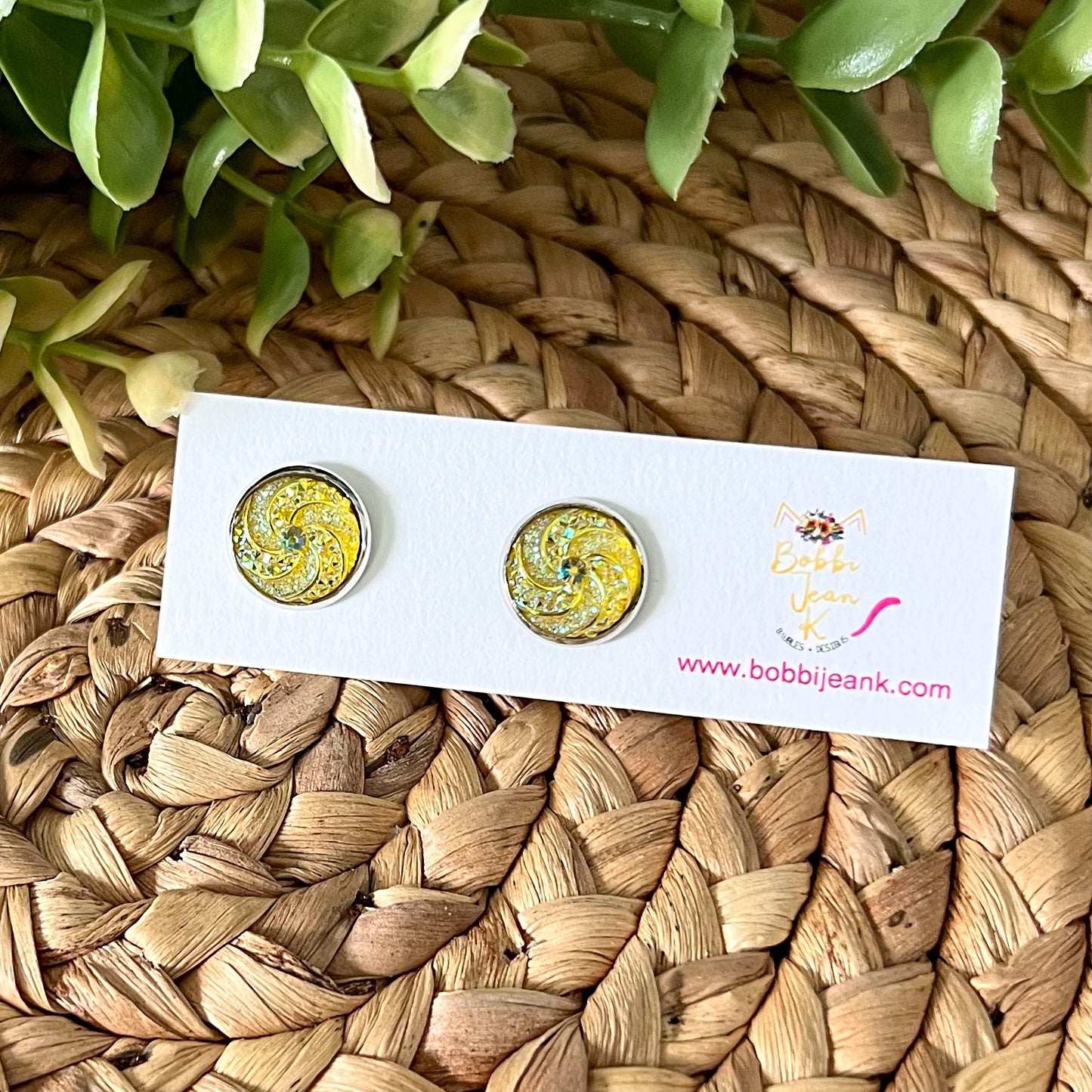 Yellow "Swirled" Faux Druzy Studs 12mm: Choose Silver or Gold Settings