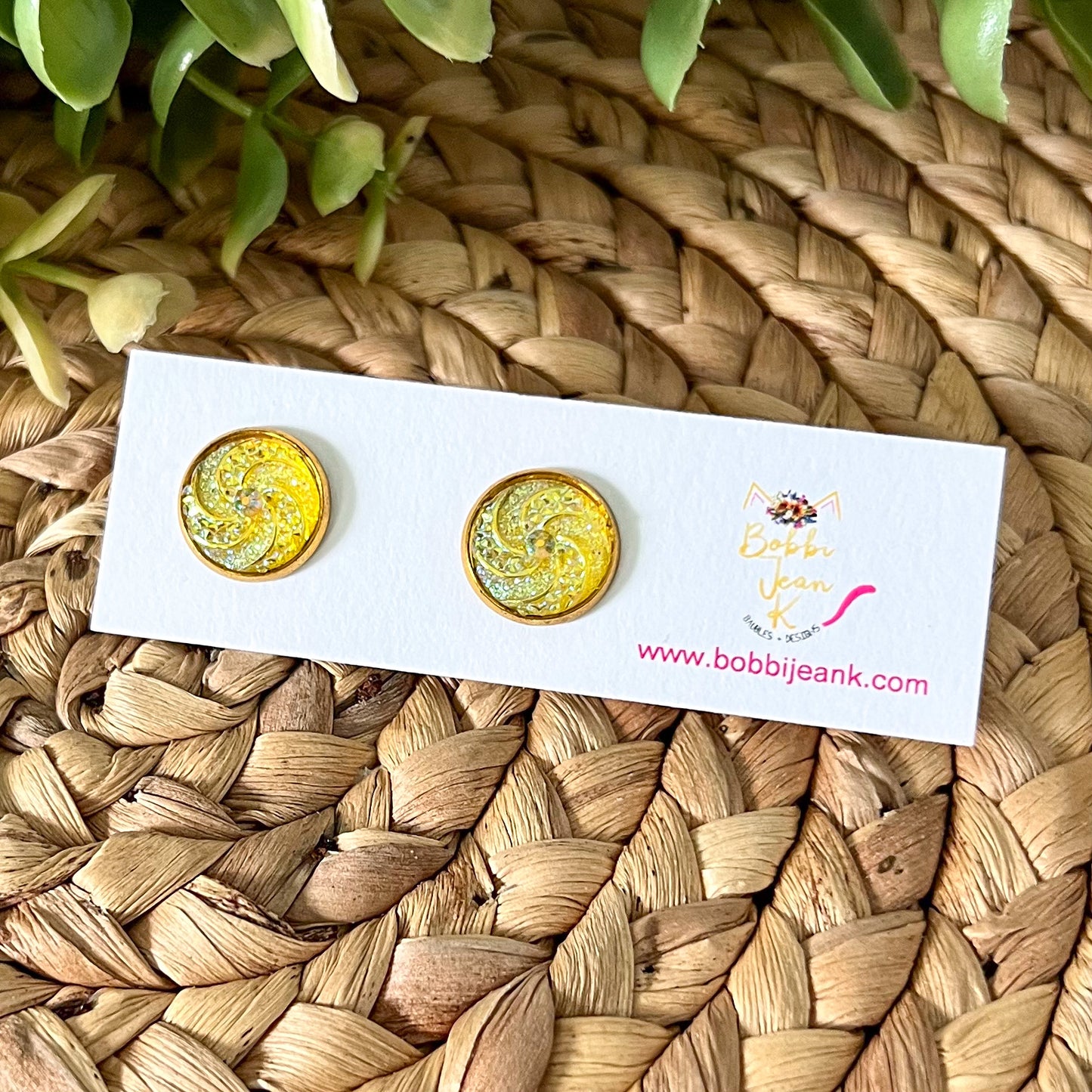 Yellow "Swirled" Faux Druzy Studs 12mm: Choose Silver or Gold Settings
