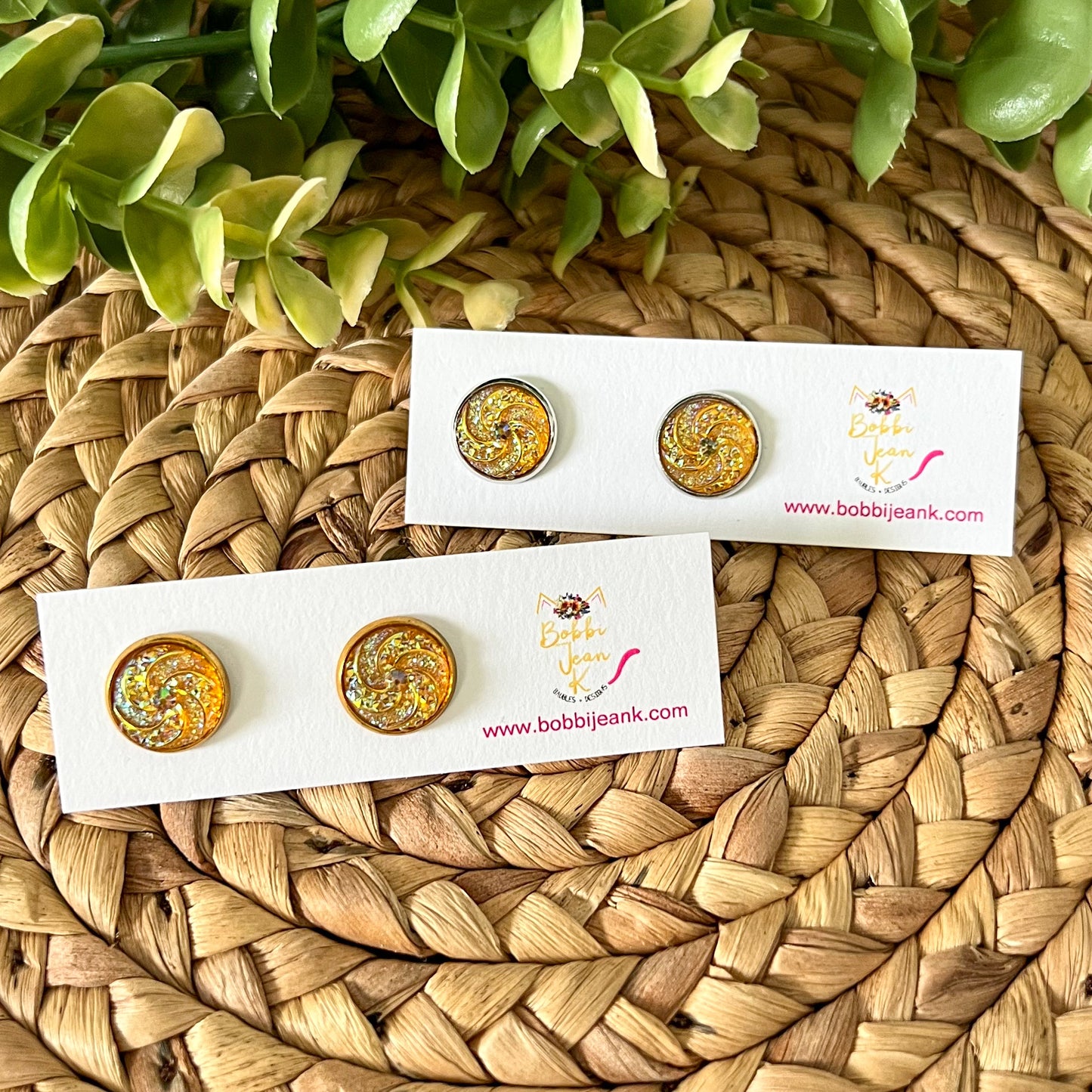Tangerine "Swirled" Faux Druzy Studs 12mm: Choose Silver or Gold Settings