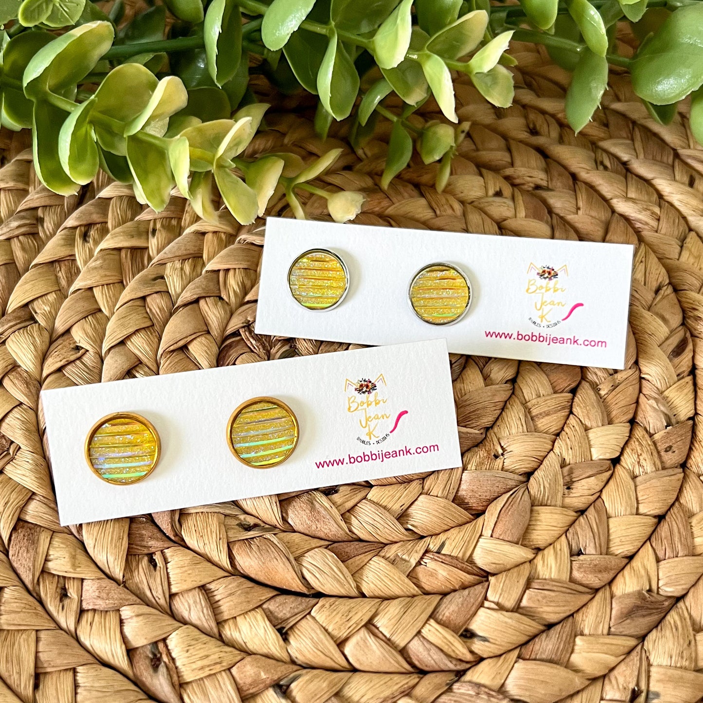 Iridescent Lemon Yellow "Striped" Faux Druzy Studs 12mm: Choose Silver or Gold Settings