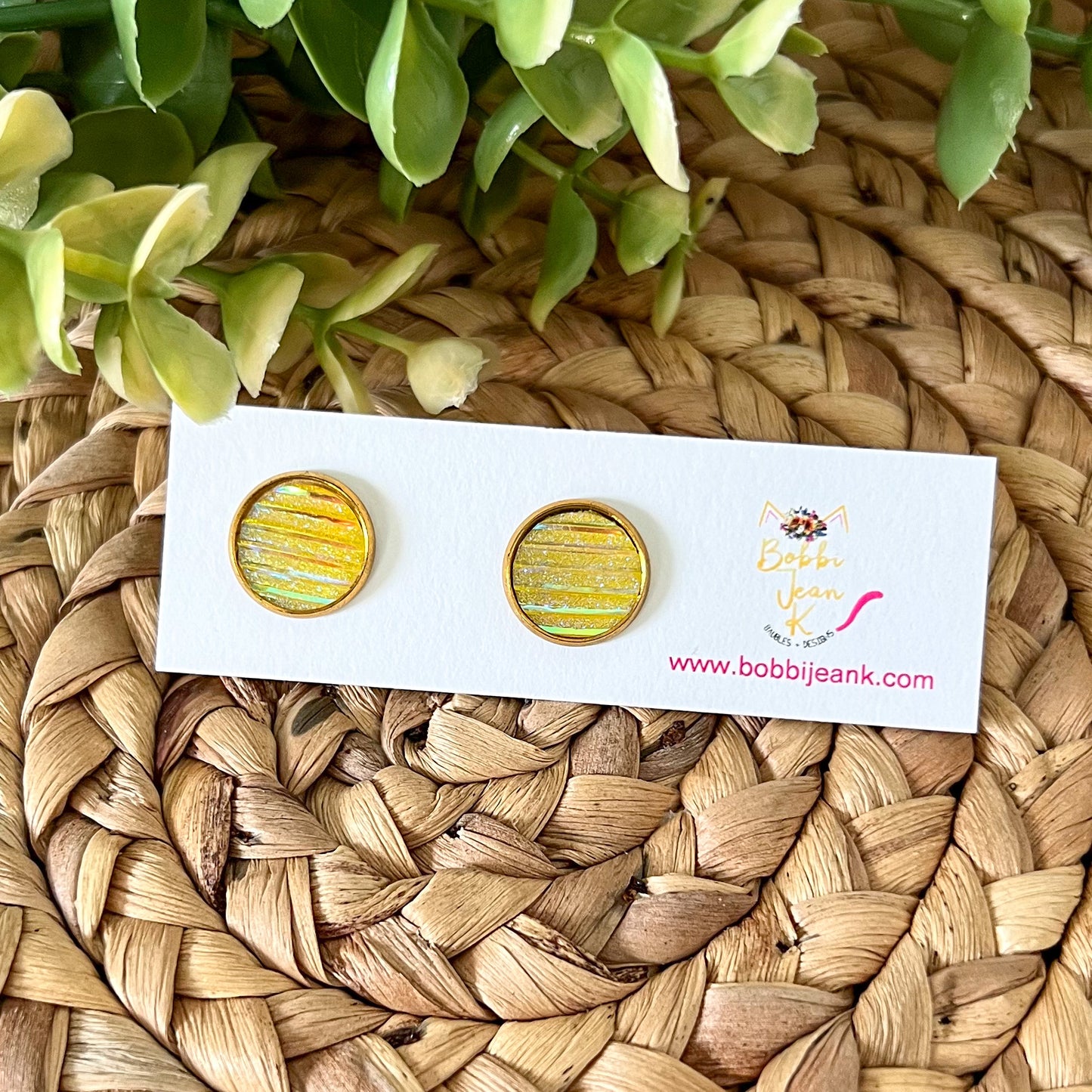 Iridescent Lemon Yellow "Striped" Faux Druzy Studs 12mm: Choose Silver or Gold Settings