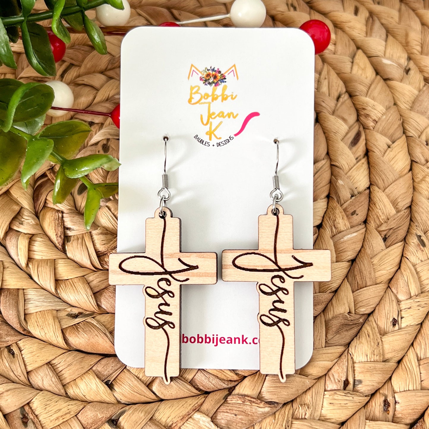 Jesus Engraved Wood Cross Earrings: Choose From 2 Wood Options