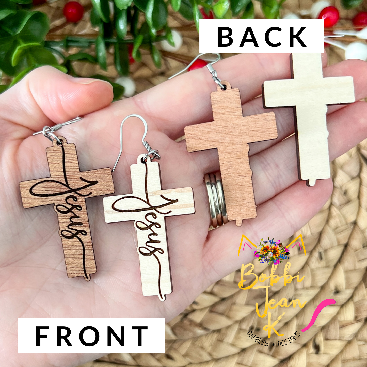 Jesus Engraved Wood Cross Earrings: Choose From 2 Wood Options