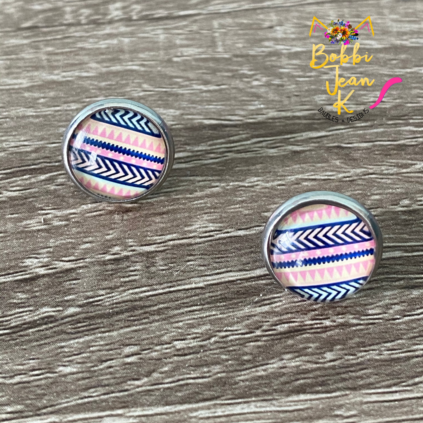 Aztec Glass Studs- Gold or Silver Option- 12mm