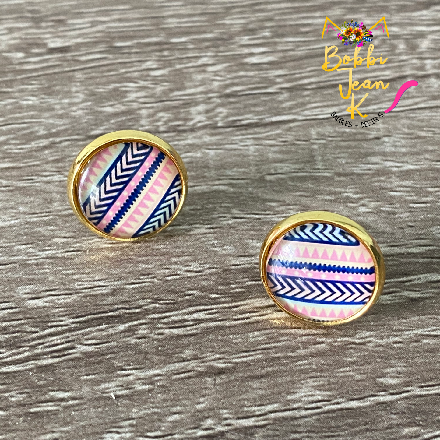 Aztec Glass Studs- Gold or Silver Option- 12mm