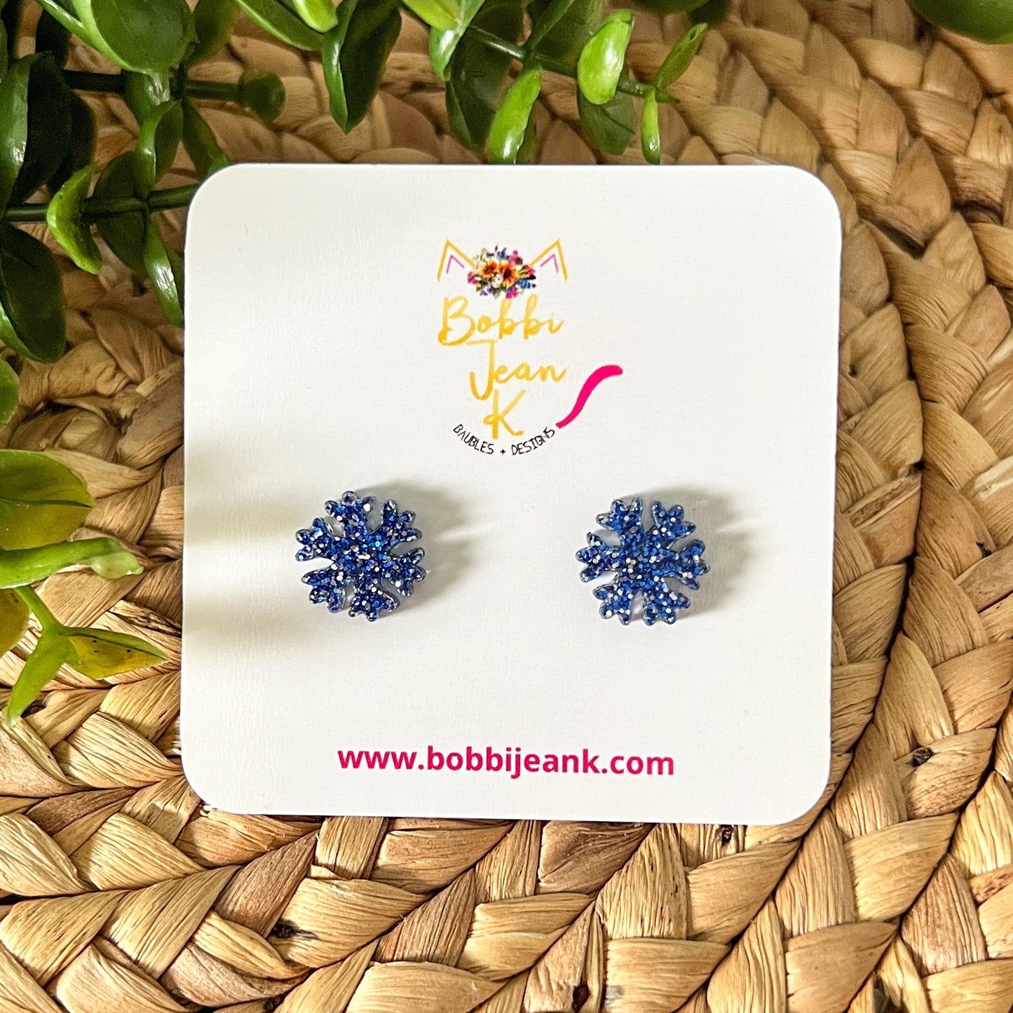 Snowflake Shape Glittered Acrylic Studs: Choose From Blue, Gold, or Silver