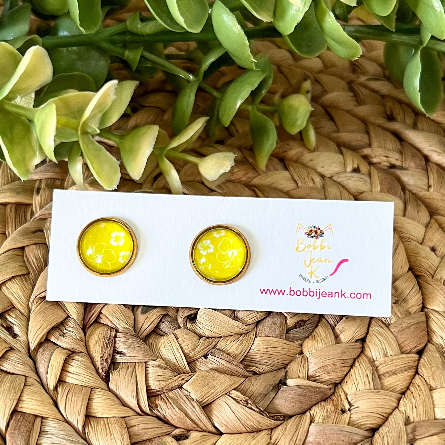 Yellow Hawaiian Floral Glass Studs 12mm: Choose Silver or Gold Settings