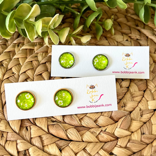 Lime Green Hawaiian Floral Glass Studs 12mm: Choose Silver or Gold Settings