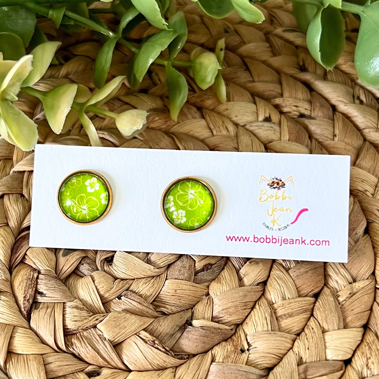 Lime Green Hawaiian Floral Glass Studs 12mm: Choose Silver or Gold Settings