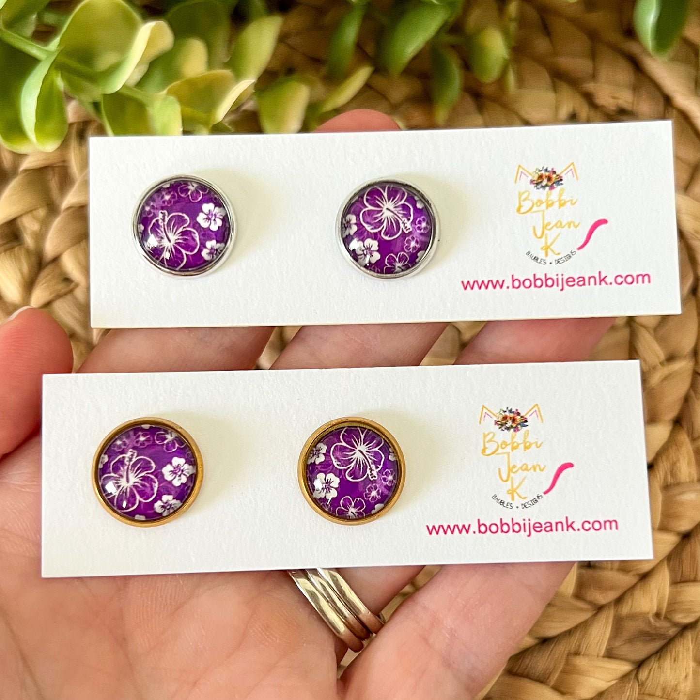 Purple Hawaiian Floral Glass Studs 12mm: Choose Silver or Gold Settings - LAST CHANCE