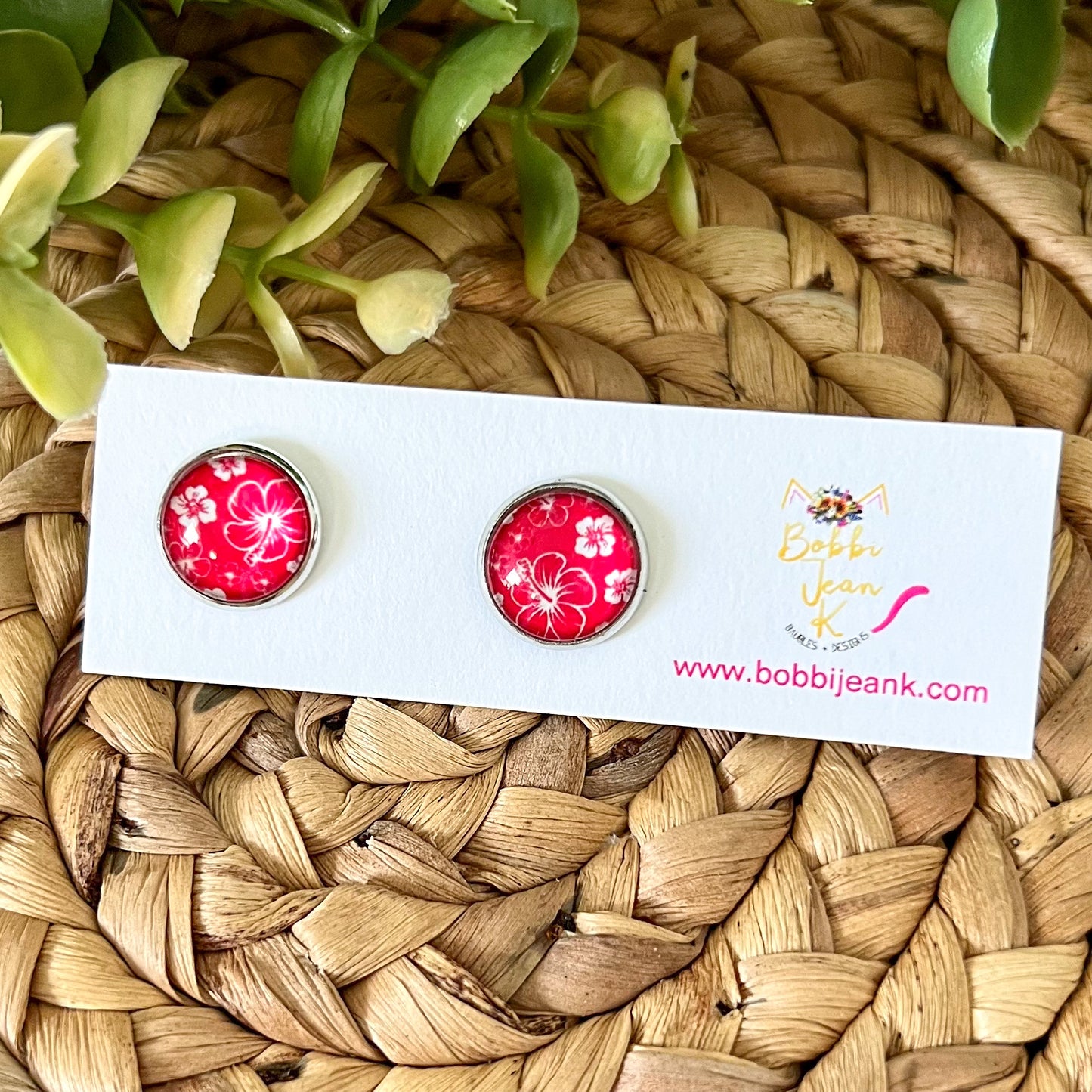 Rose Hawaiian Floral Glass Studs 12mm: Choose Silver or Gold Settings - LAST CHANCE