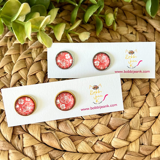 Melon Hawaiian Floral Glass Studs 12mm: Choose Silver or Gold Settings