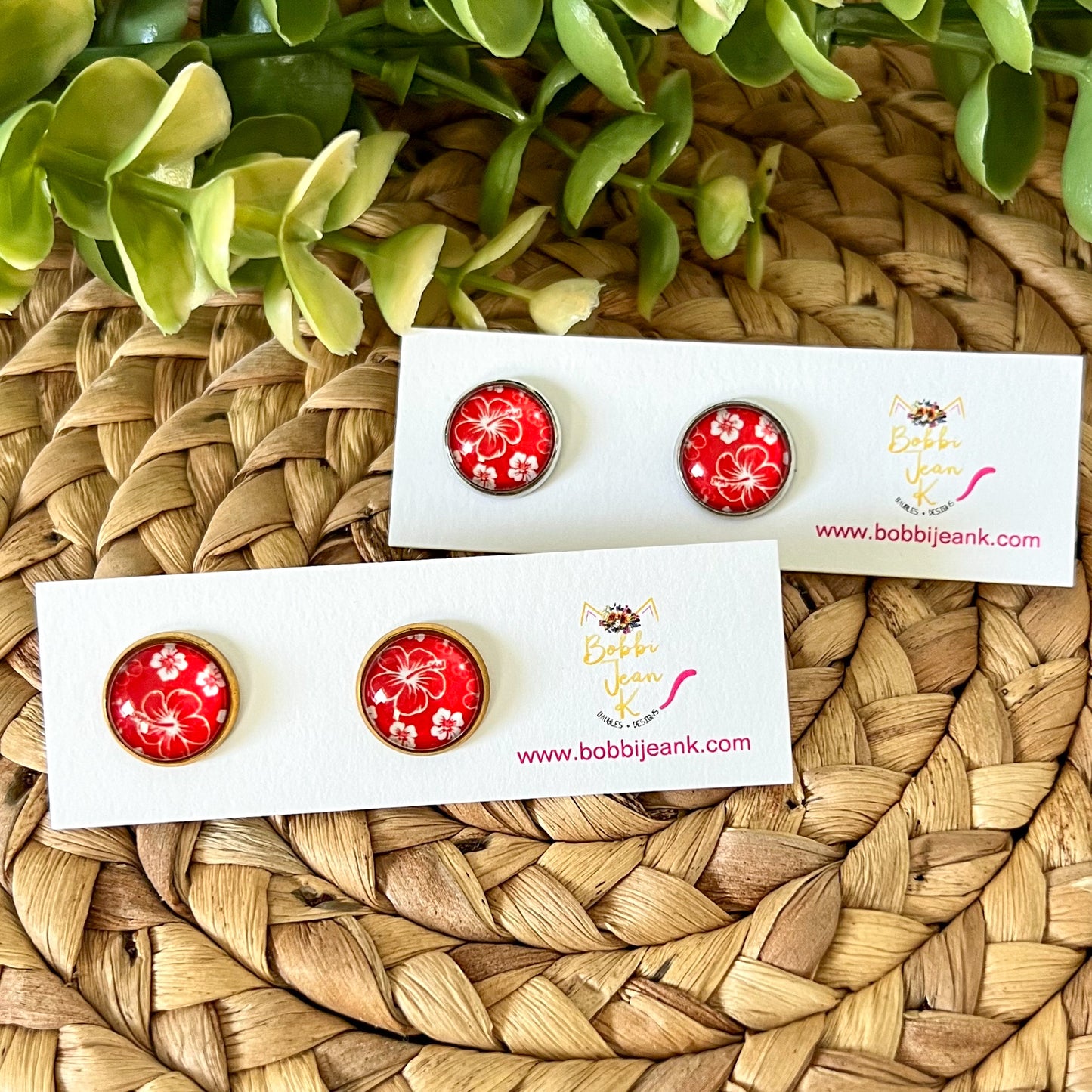 Red Hawaiian Floral Glass Studs 12mm: Choose Silver or Gold Settings