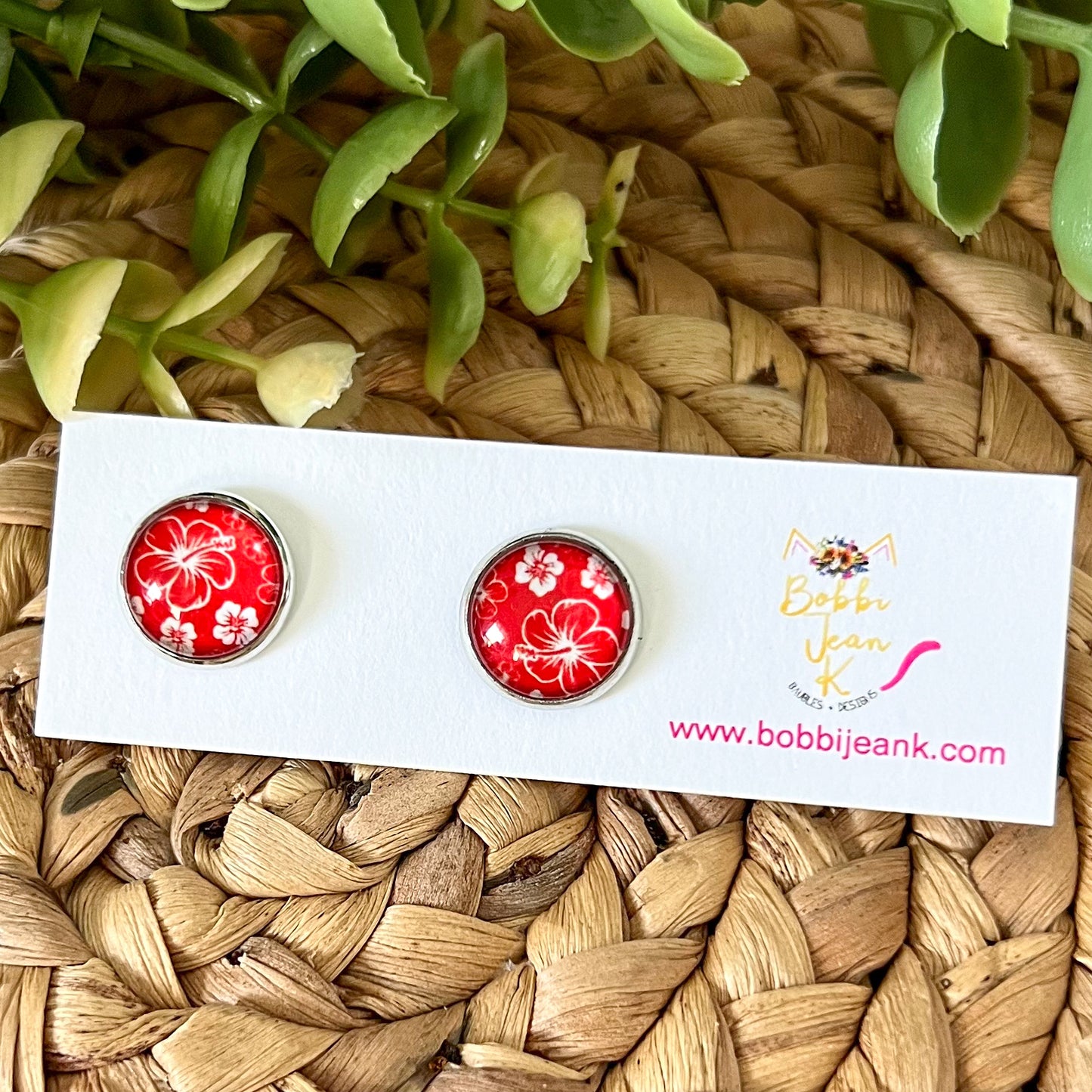 Red Hawaiian Floral Glass Studs 12mm: Choose Silver or Gold Settings