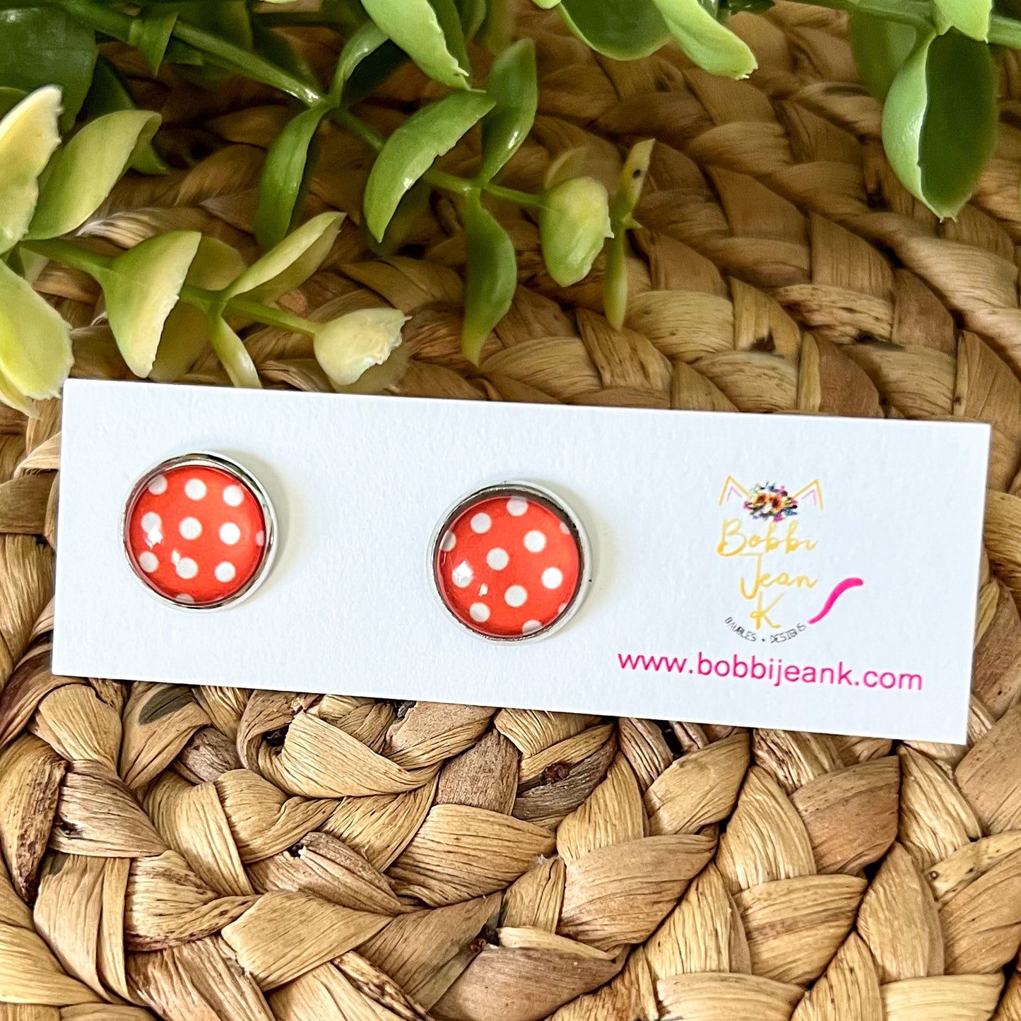 Coral Polka Dotted Glass Studs 12mm: Choose Silver or Gold Settings - LAST CHANCE