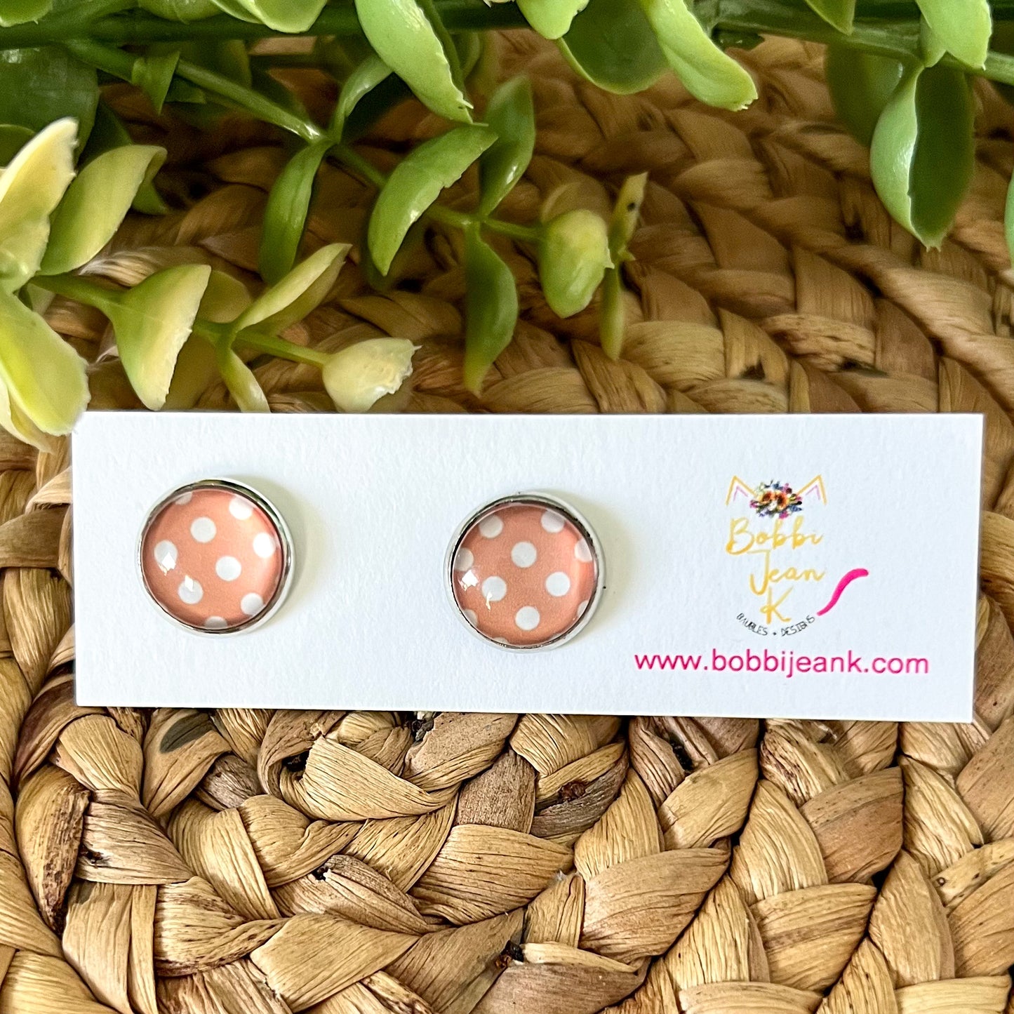Blush Beige Polka Dotted Glass Studs 12mm: Choose Silver or Gold Settings - LAST CHANCE