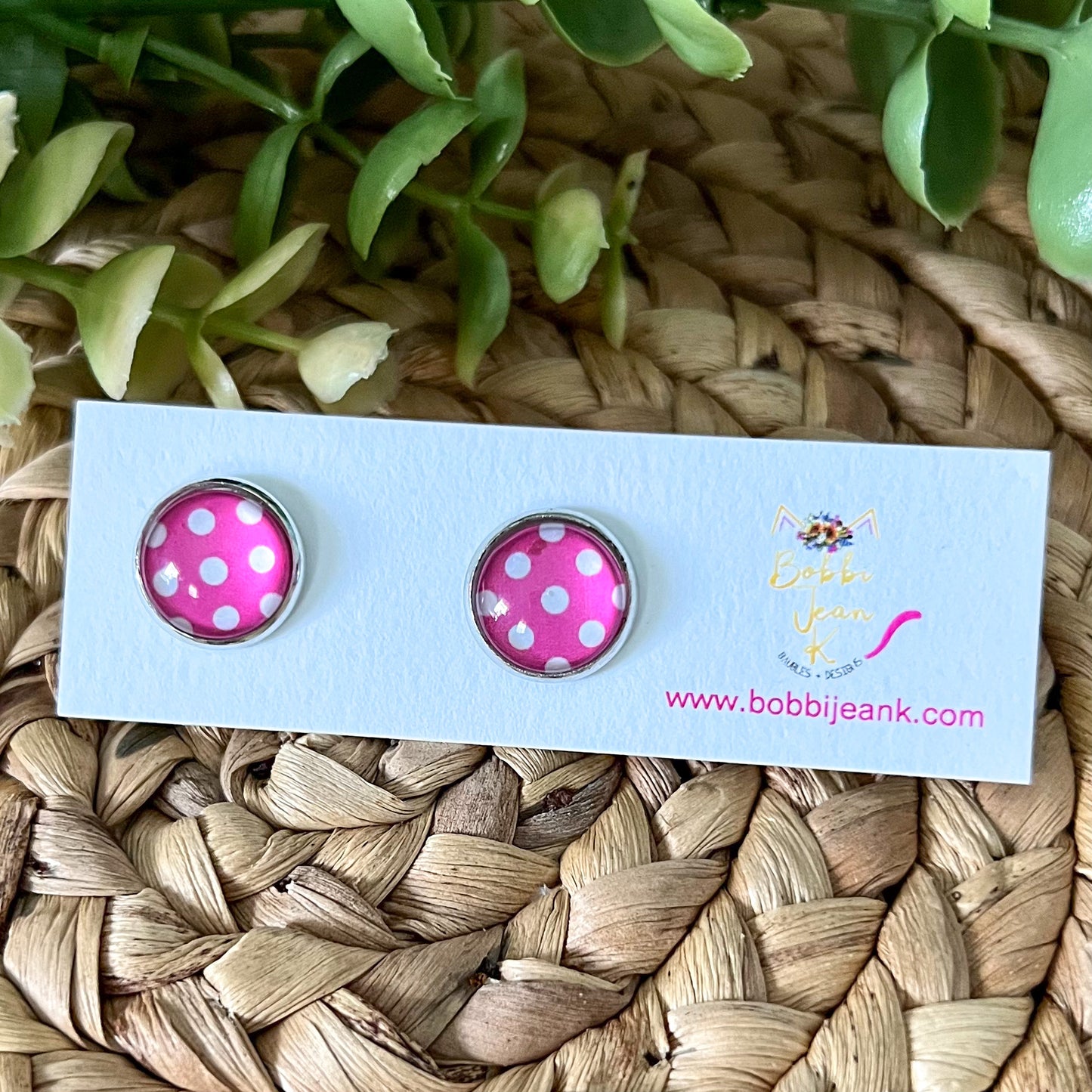 Pink Polka Dotted Glass Studs 12mm: Choose Silver or Gold Settings - LAST CHANCE
