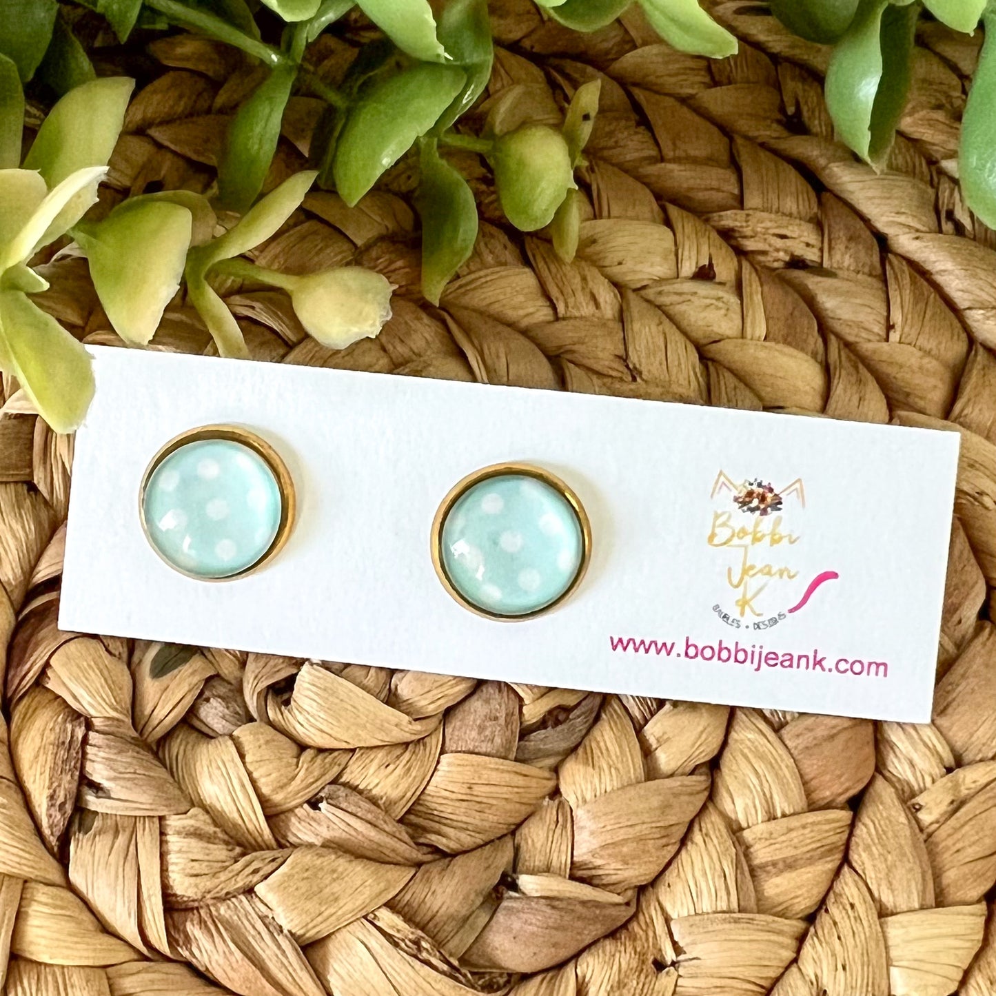 Mint Polka Dotted Glass Studs 12mm: Choose Silver or Gold Settings