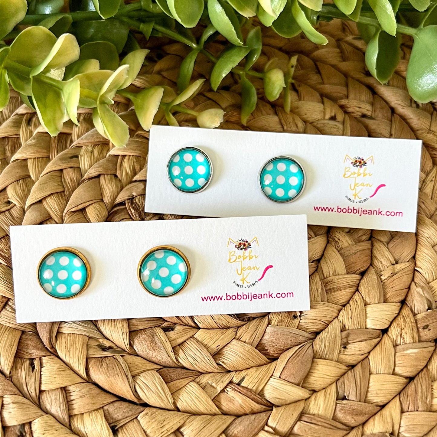 Turquoise Polka Dotted Glass Studs 12mm: Choose Silver or Gold Settings - LAST CHANCE