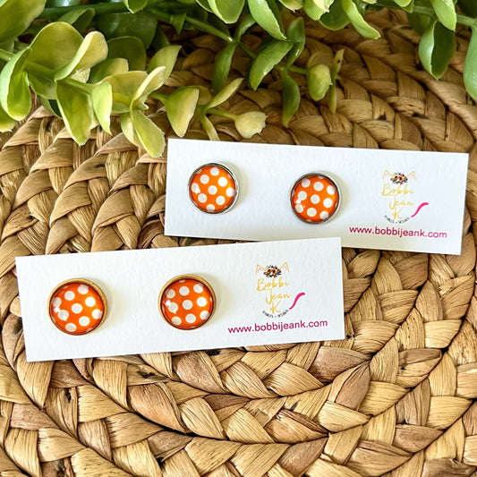 Orange Polka Dotted Glass Studs 12mm: Choose Silver or Gold Settings - LAST CHANCE