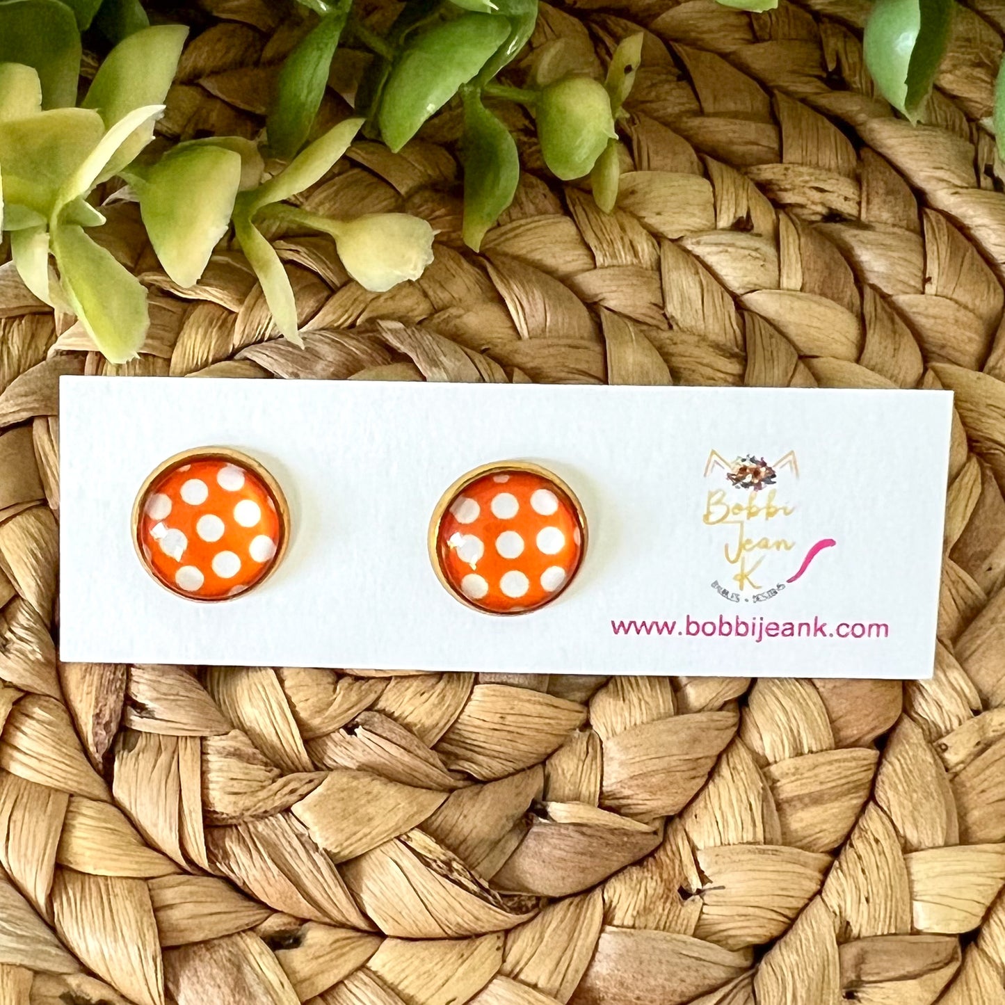 Orange Polka Dotted Glass Studs 12mm: Choose Silver or Gold Settings - LAST CHANCE
