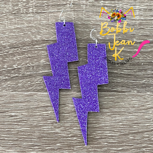 Purple Lightning Bolt Infused Glitter Leather Earrings