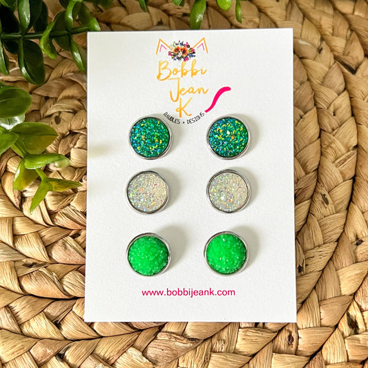 "St. Patty's Pack" Druzy Stud Set: 12mm in SILVER Settings