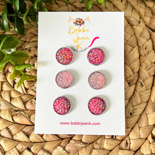 "Pink-O-Licious 2.0" Druzy Stud Set: 12mm in SILVER Settings