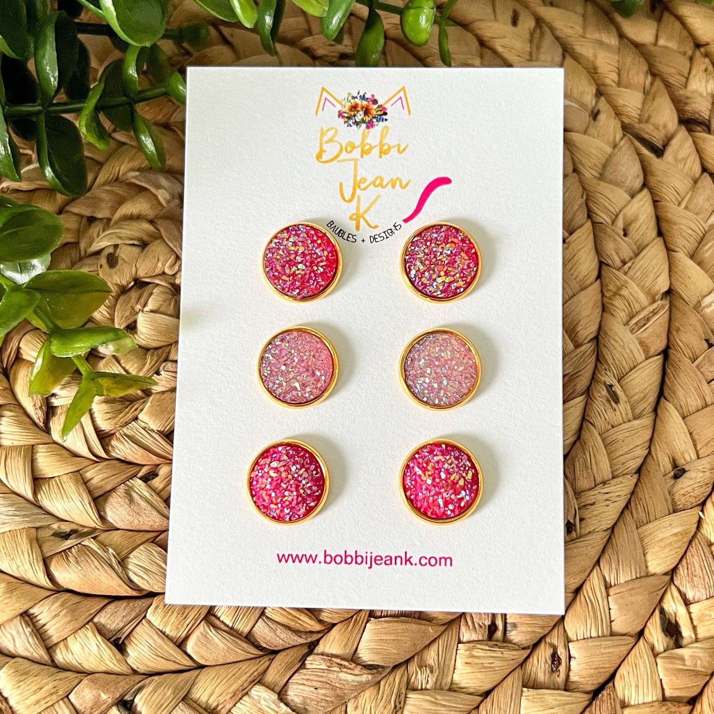 "Pink-O-Licious 2.0" Druzy Stud Set: 12mm in GOLD Settings