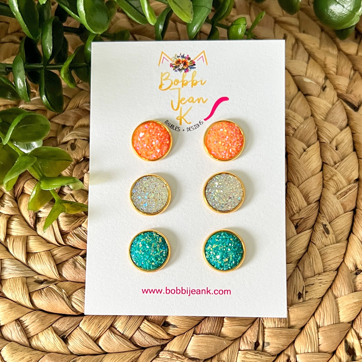 "Sunset Views" Druzy Stud Set: 12mm in GOLD Settings