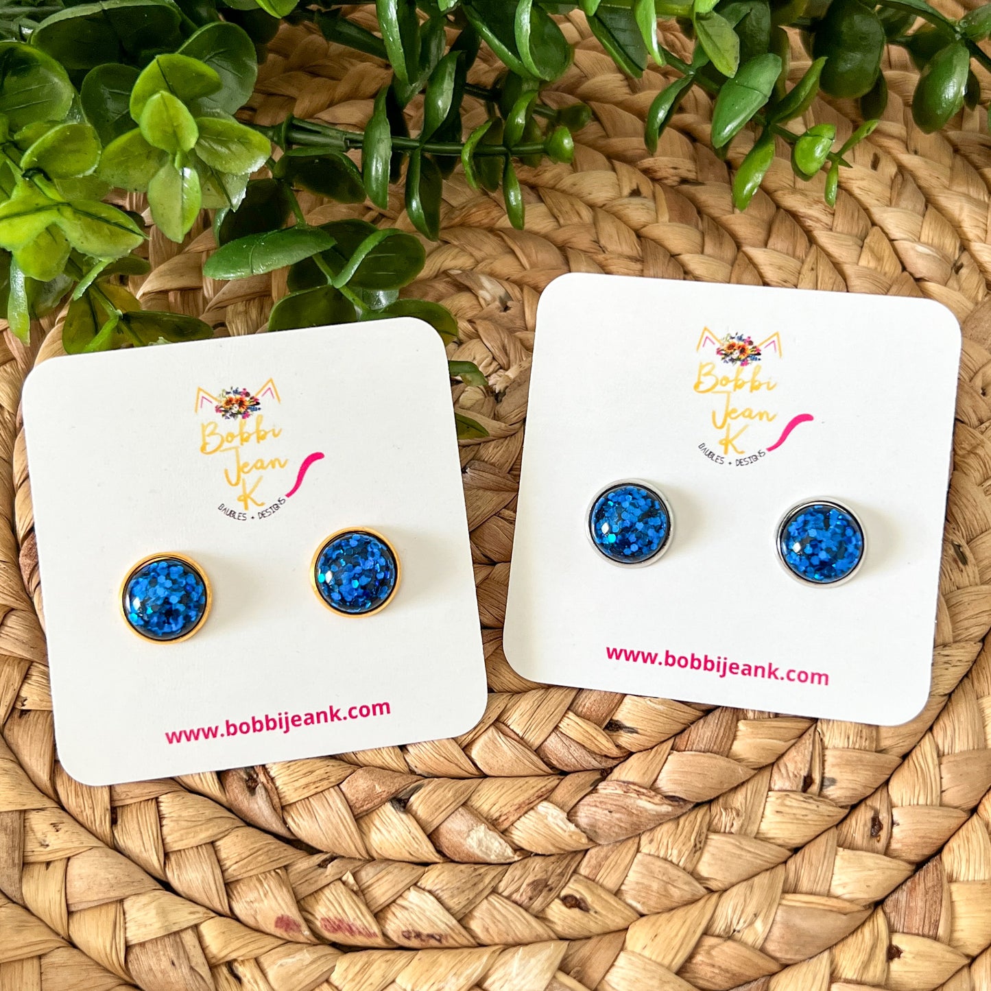 Blue Glitter Studs 12mm: Choose Silver or Gold Settings