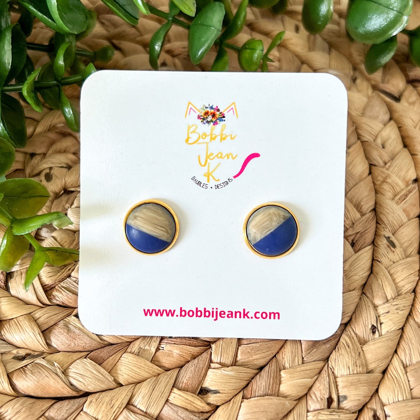 Navy Blue Wood & Resin Studs 12mm: Choose Silver or Gold Settings