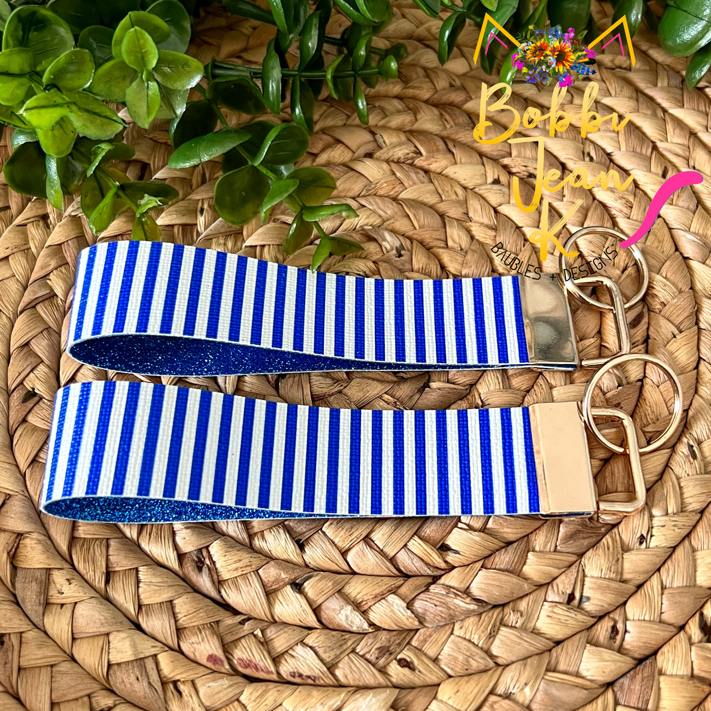 Blue & White Striped Key Fob: Choose Gold or Silver Clasp