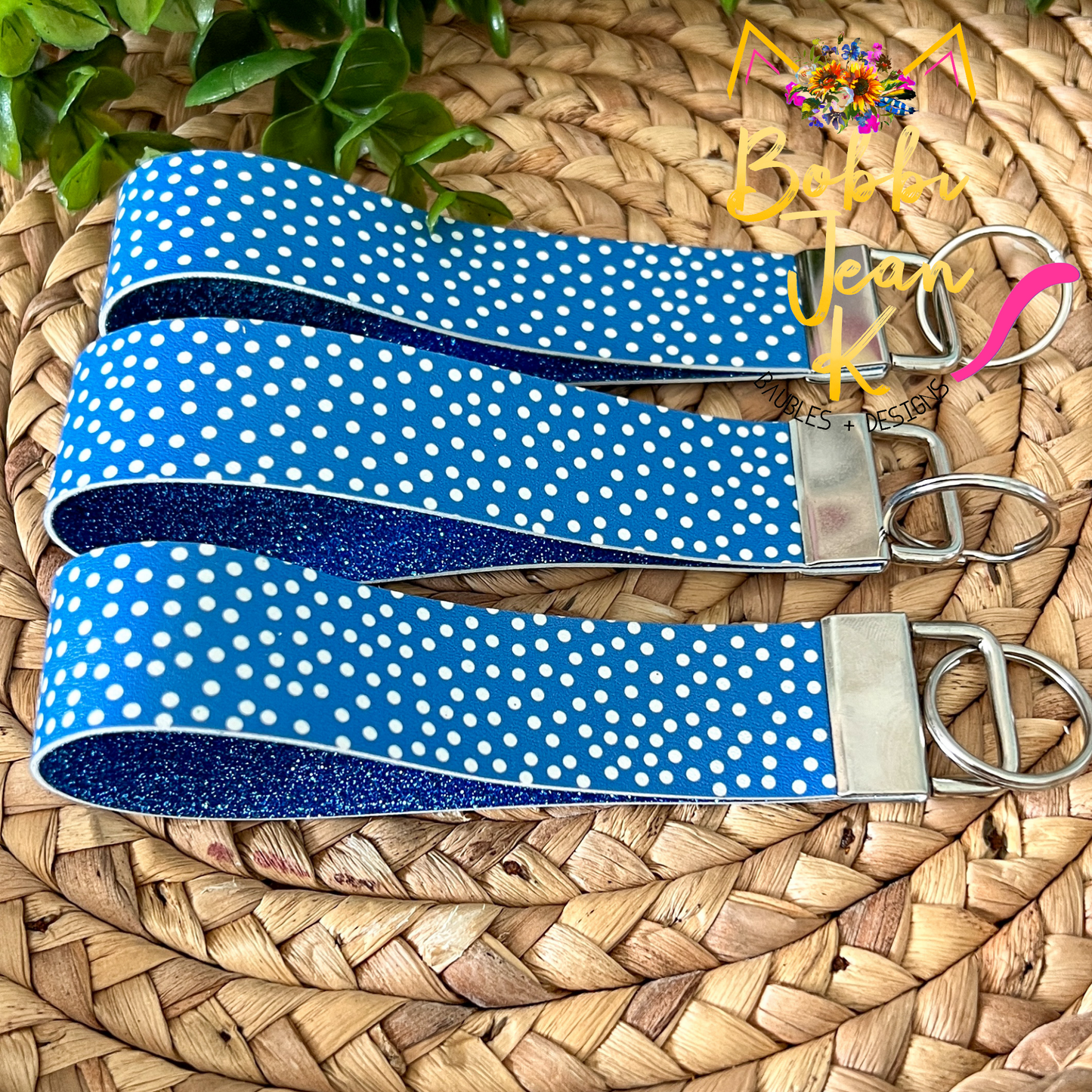 Blue & White Polka Dot Key Fob with Silver Clasp