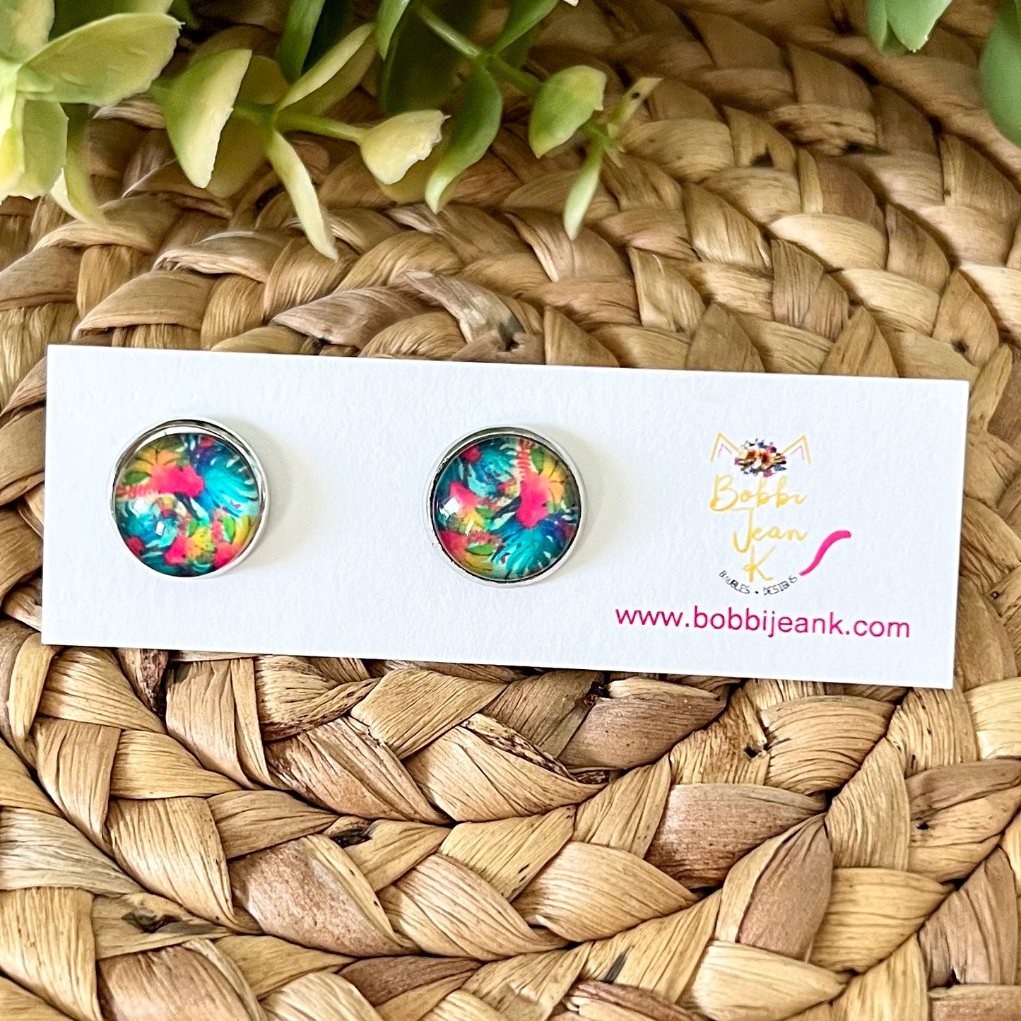 Tropical Floral Glass Studs 12mm: Choose Silver or Gold Settings