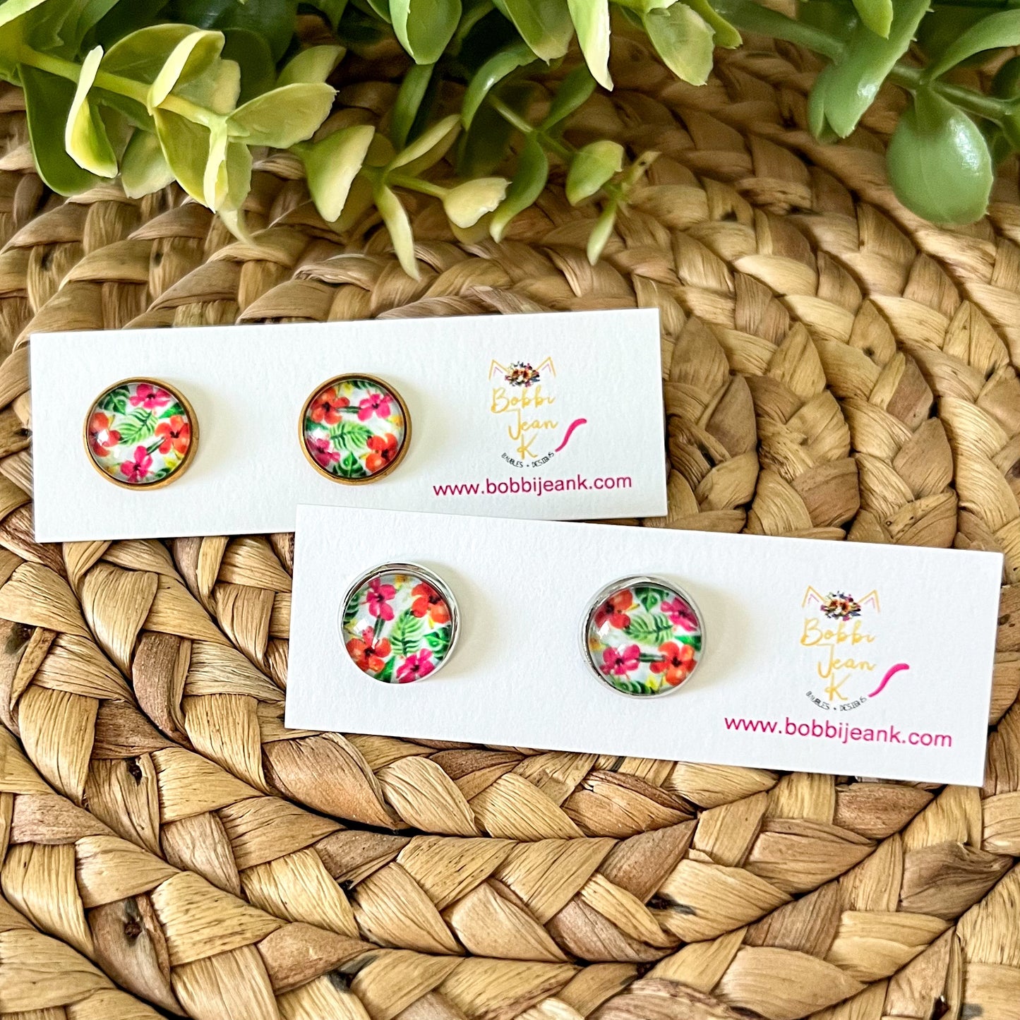 Tropical Hibiscus Glass Studs 12mm: Choose Silver or Gold Settings