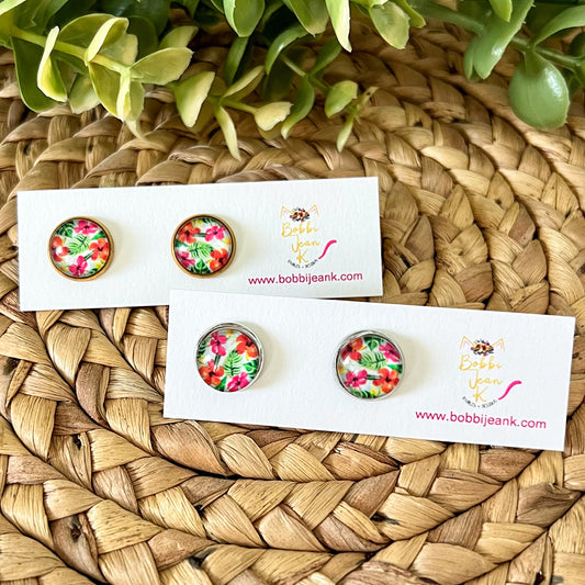 Tropical Hibiscus Glass Studs 12mm: Choose Silver or Gold Settings
