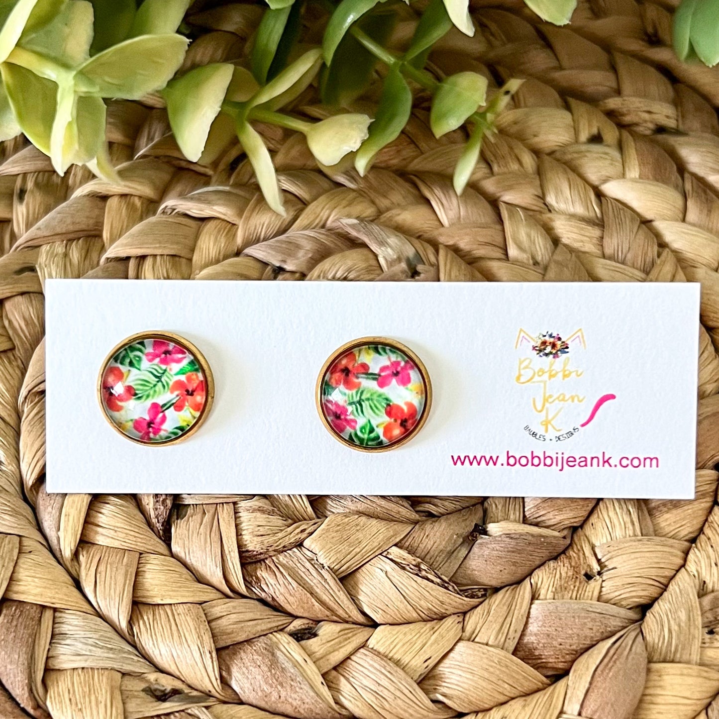 Tropical Hibiscus Glass Studs 12mm: Choose Silver or Gold Settings