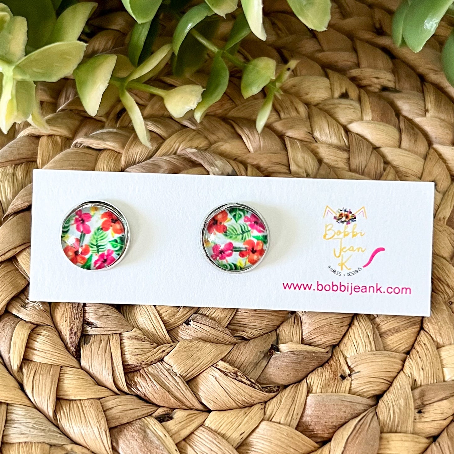 Tropical Hibiscus Glass Studs 12mm: Choose Silver or Gold Settings