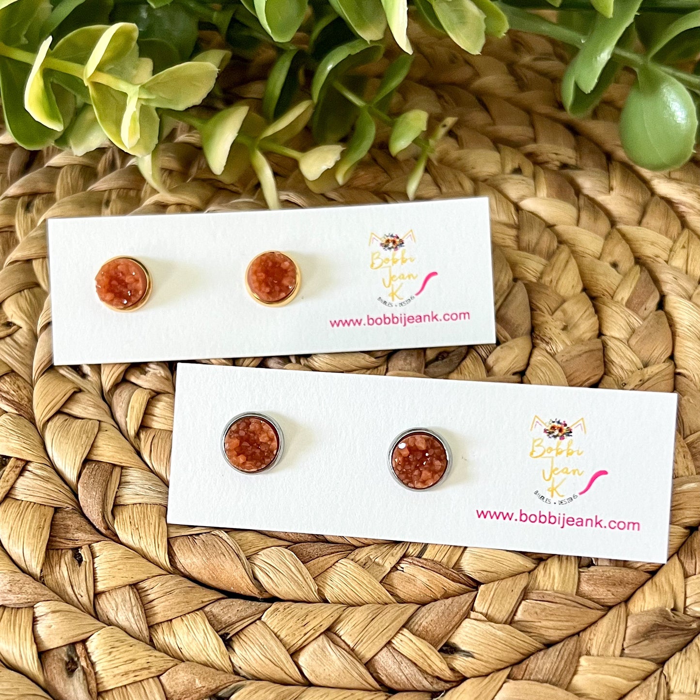 Amber Raised Faux Druzy Studs 8mm: Choose Silver or Gold Settings