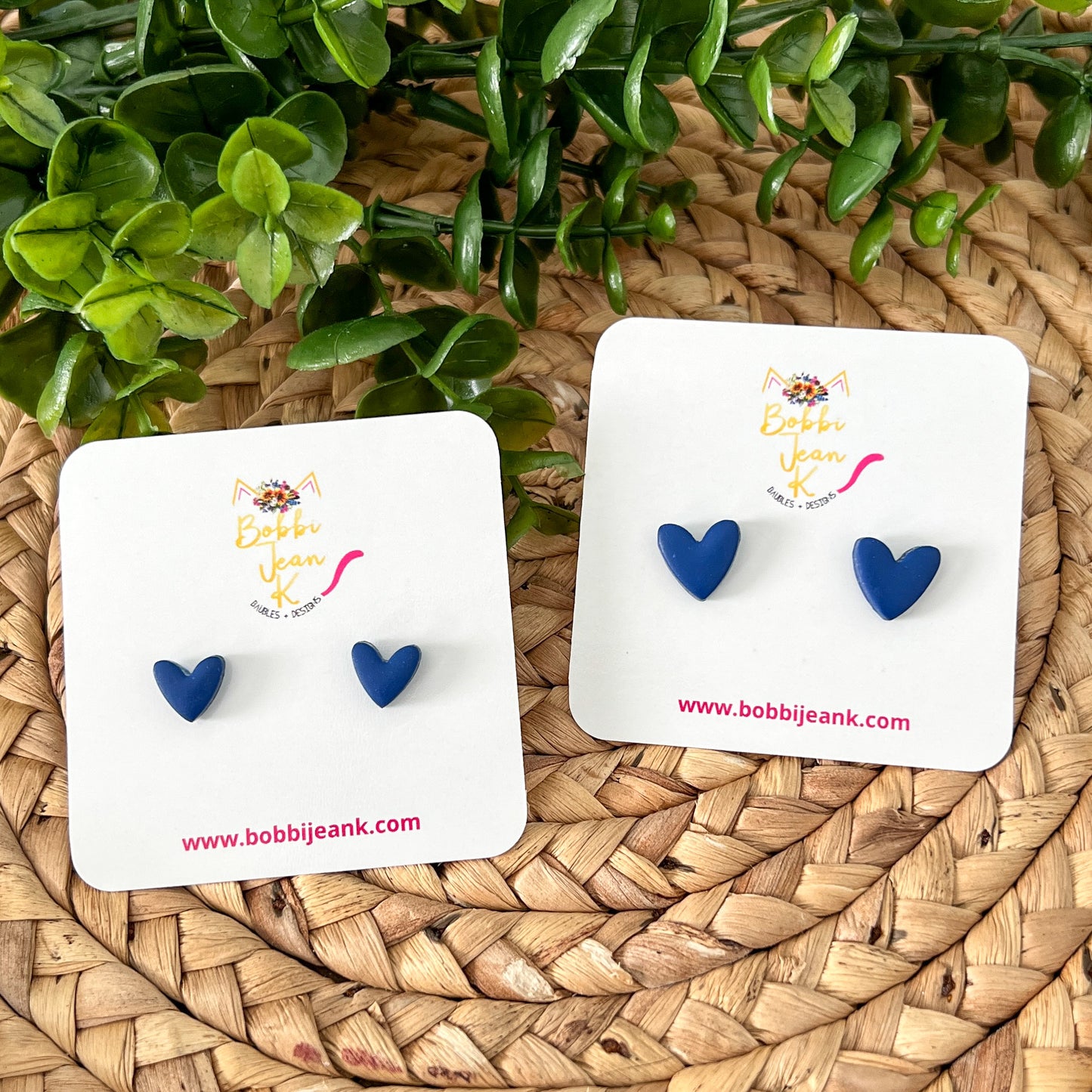 Navy Blue Clay Heart Studs: Choose 12mm or 8mm Size Options