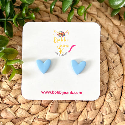 Baby Blue Clay Heart Studs: Choose 12mm or 8mm Size Options