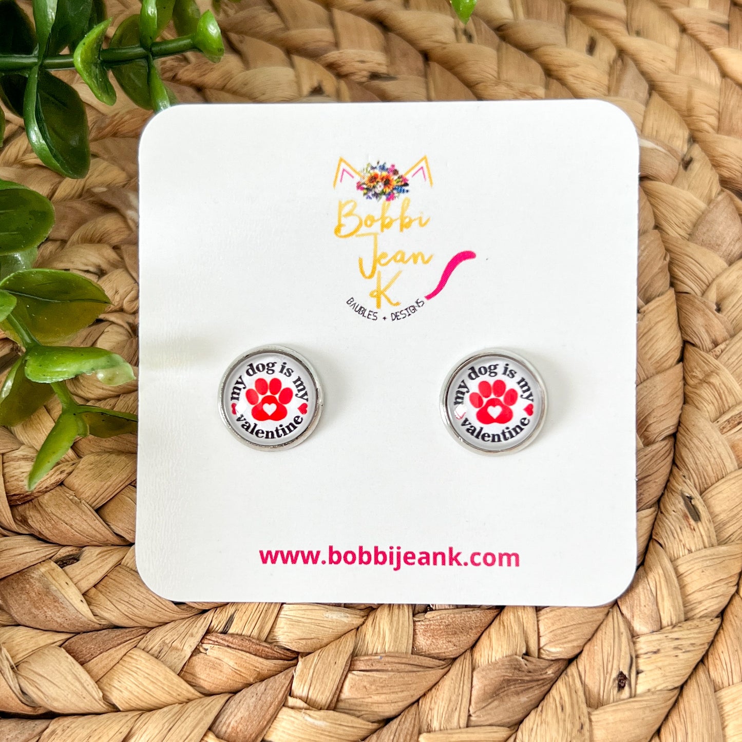 My Dog is My Valentine Glass Studs 12mm: Choose Silver or Gold Settings