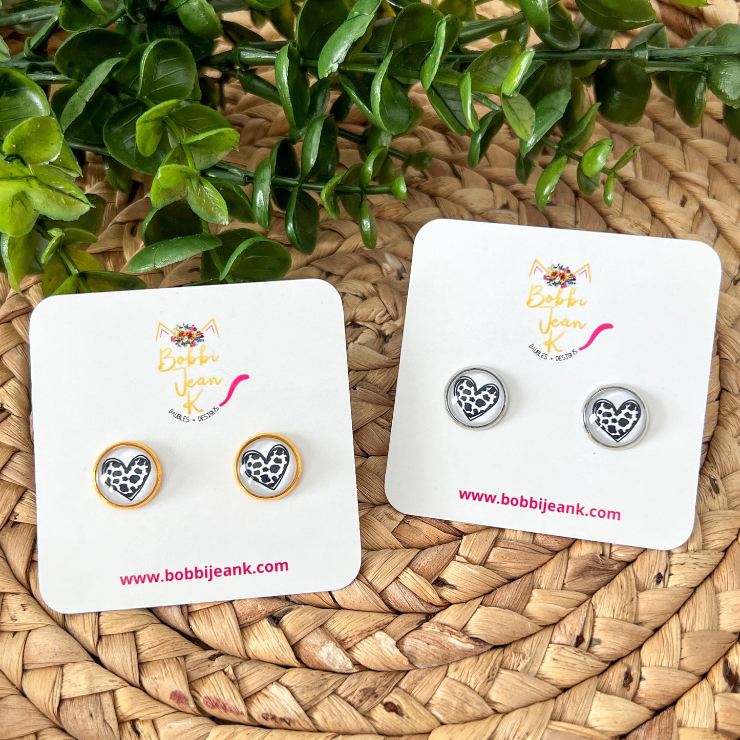 Cow Print Heart Glass Studs 12mm: Choose Silver or Gold Settings