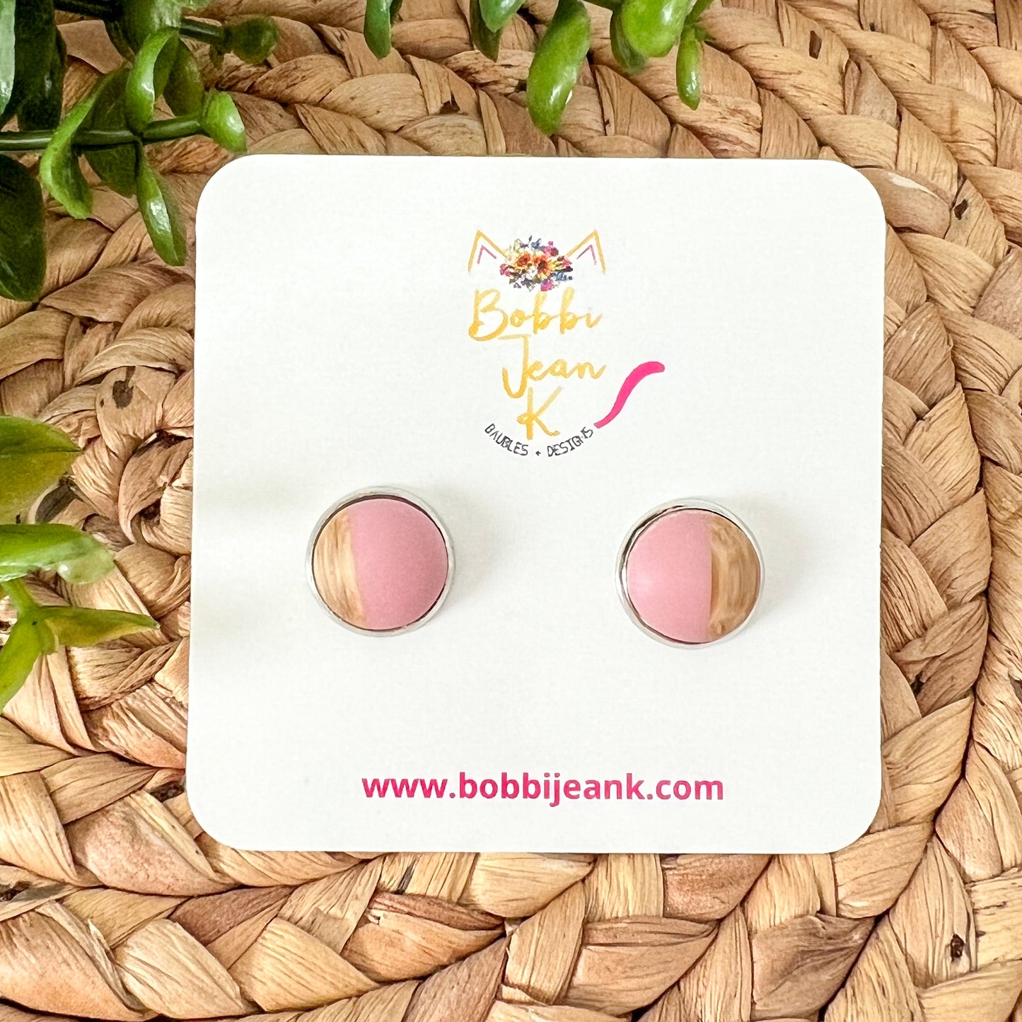 Pink Wood & Resin Studs 12mm: Choose Silver or Gold Settings