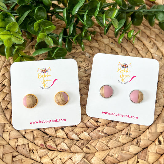 Pink Wood & Resin Studs 12mm: Choose Silver or Gold Settings