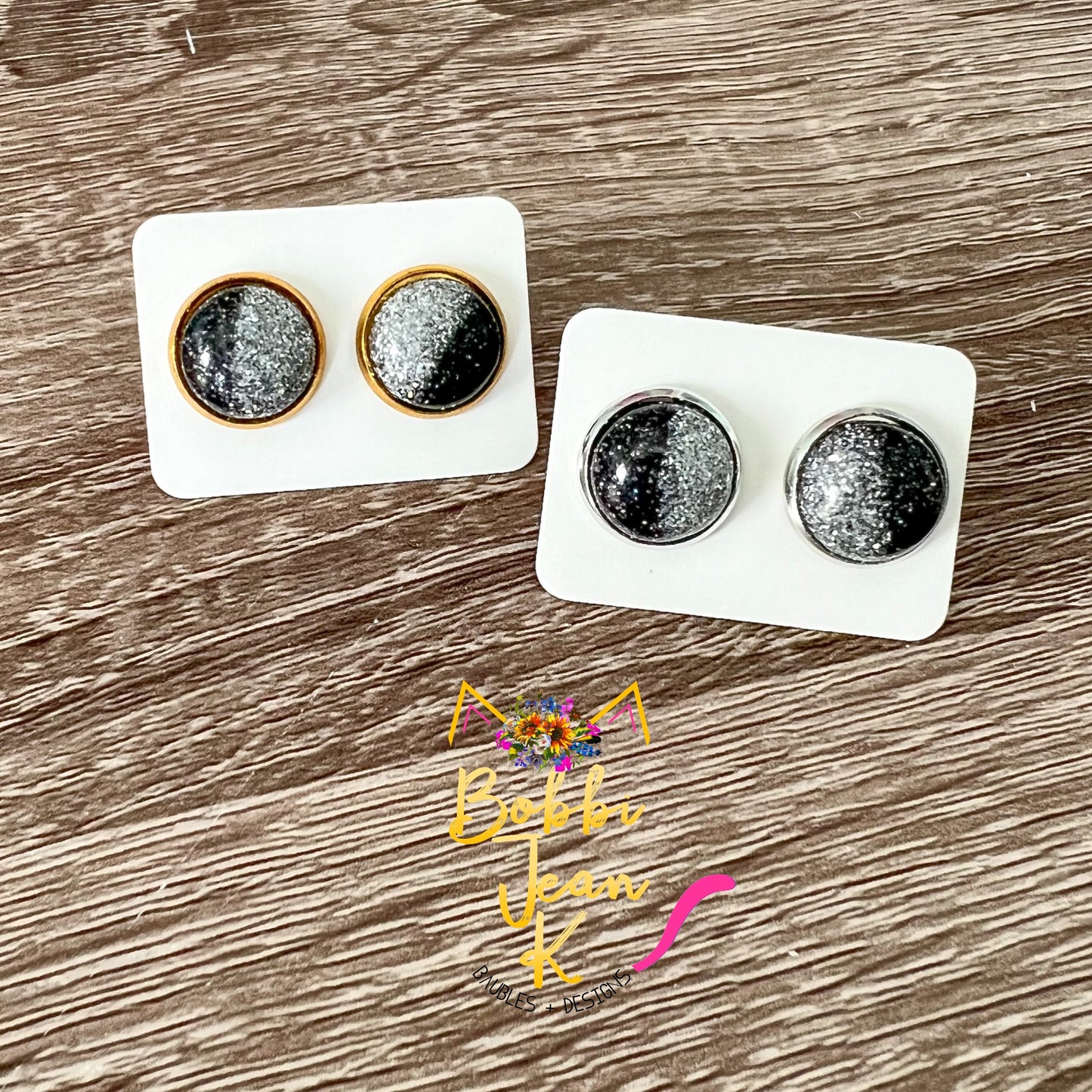 Two-Toned Black & Silver Shimmer Studs: 12mm Size ONLY