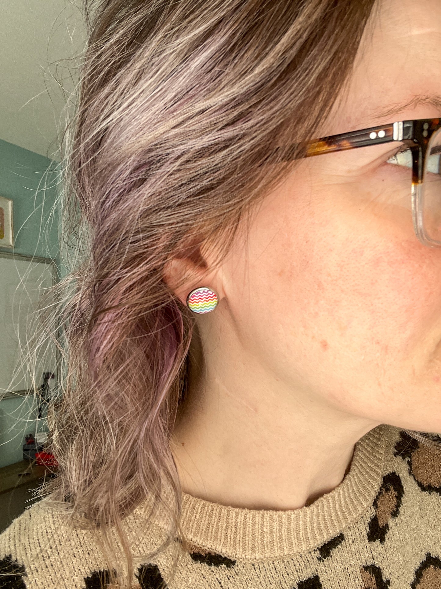Light Rainbow Striped Resin Studs 12mm: Choose Silver or Gold Settings - LAST CHANCE