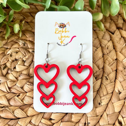 Wood Earrings - Red Stacked Heart Dangles: Choose From 3 Designs